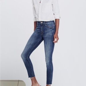 MOTHER High Waisted Looker Ankle Fray Jeans - Dark Blue